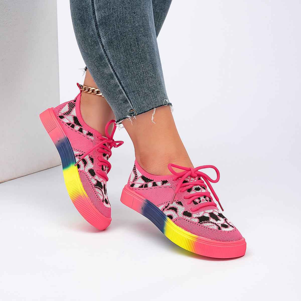 Chunky Sole Lace-Up Sneakers — Floral, Breathable, EU 36–43
