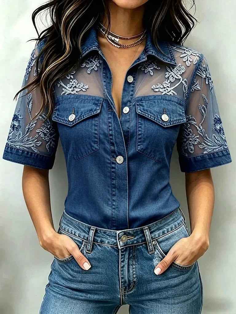 Women's Faux-Denim Patchwork Long-Sleeve Top – Slim Fit