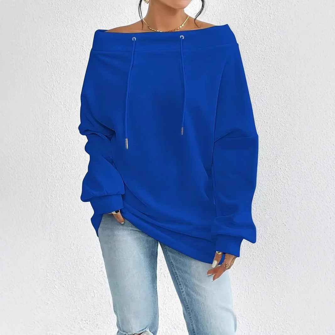 Off-Shoulder Drawstring Sweatshirt | Boat Neck Loose Pullover