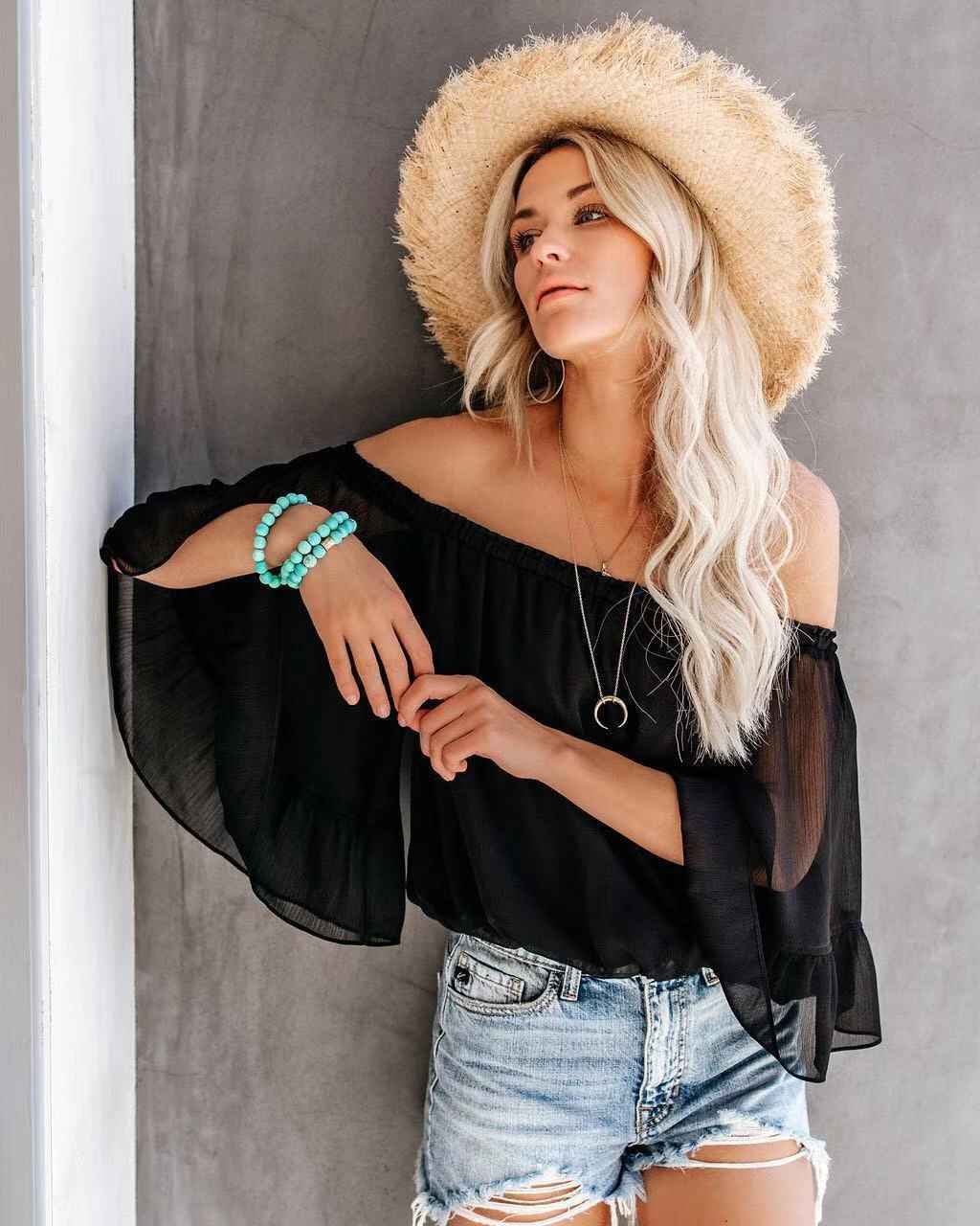 One-shoulder Loose-fit Chiffon Blouse With Flared Sleeves