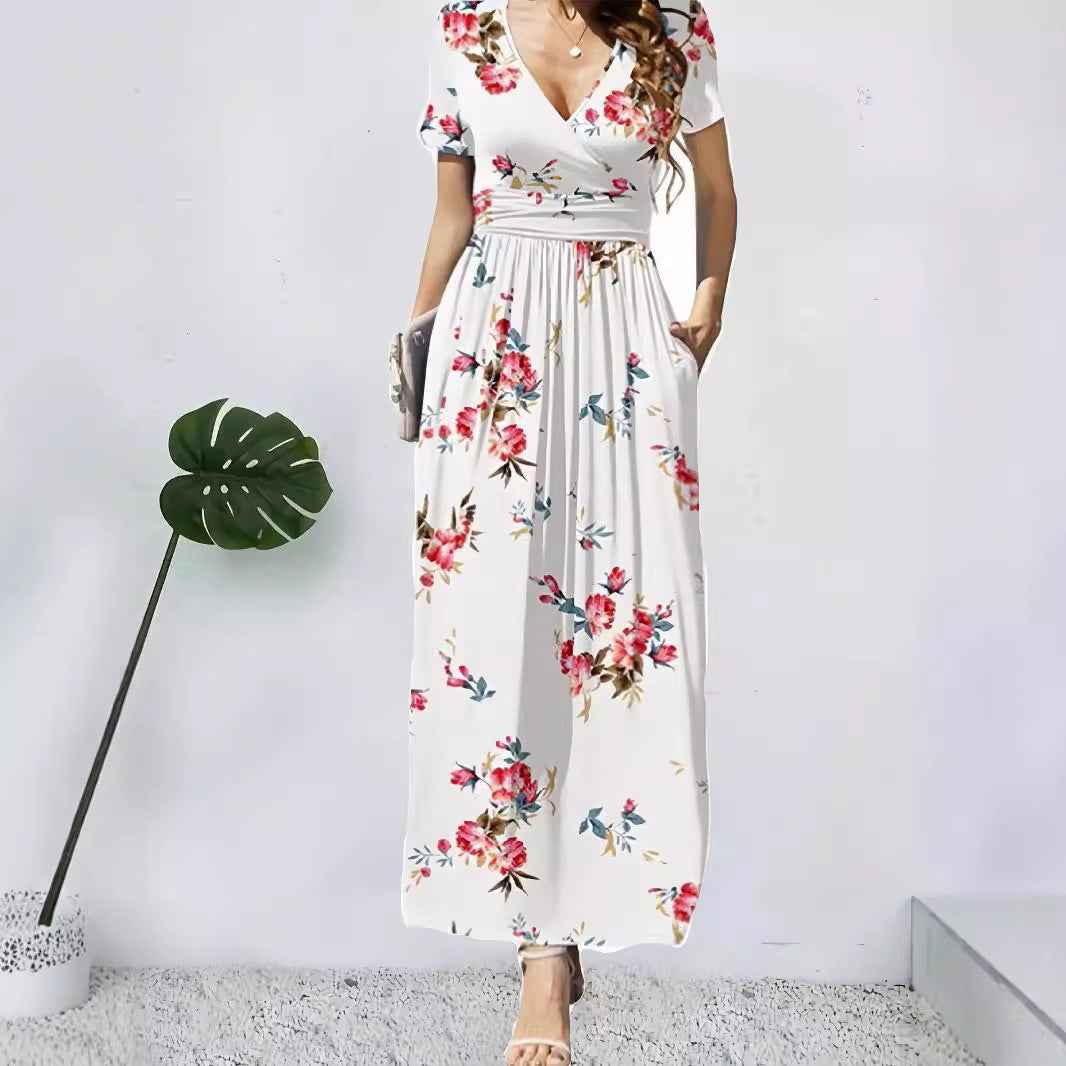 Printed V-neck Short Sleeve Dress