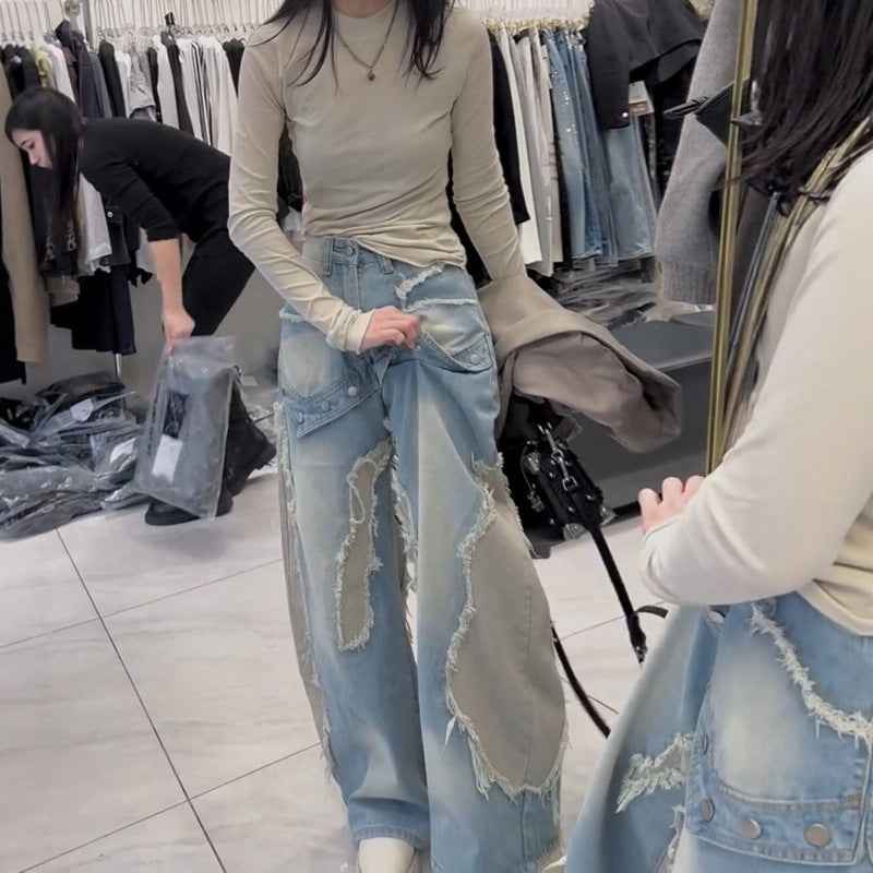 High-Waist Wide-Leg Denim Jeans — Loose Fit, Washed, With Pockets
