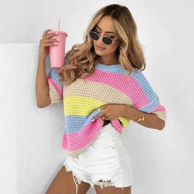 Womens Rainbow-Striped Knitted Short-Sleeve Top
