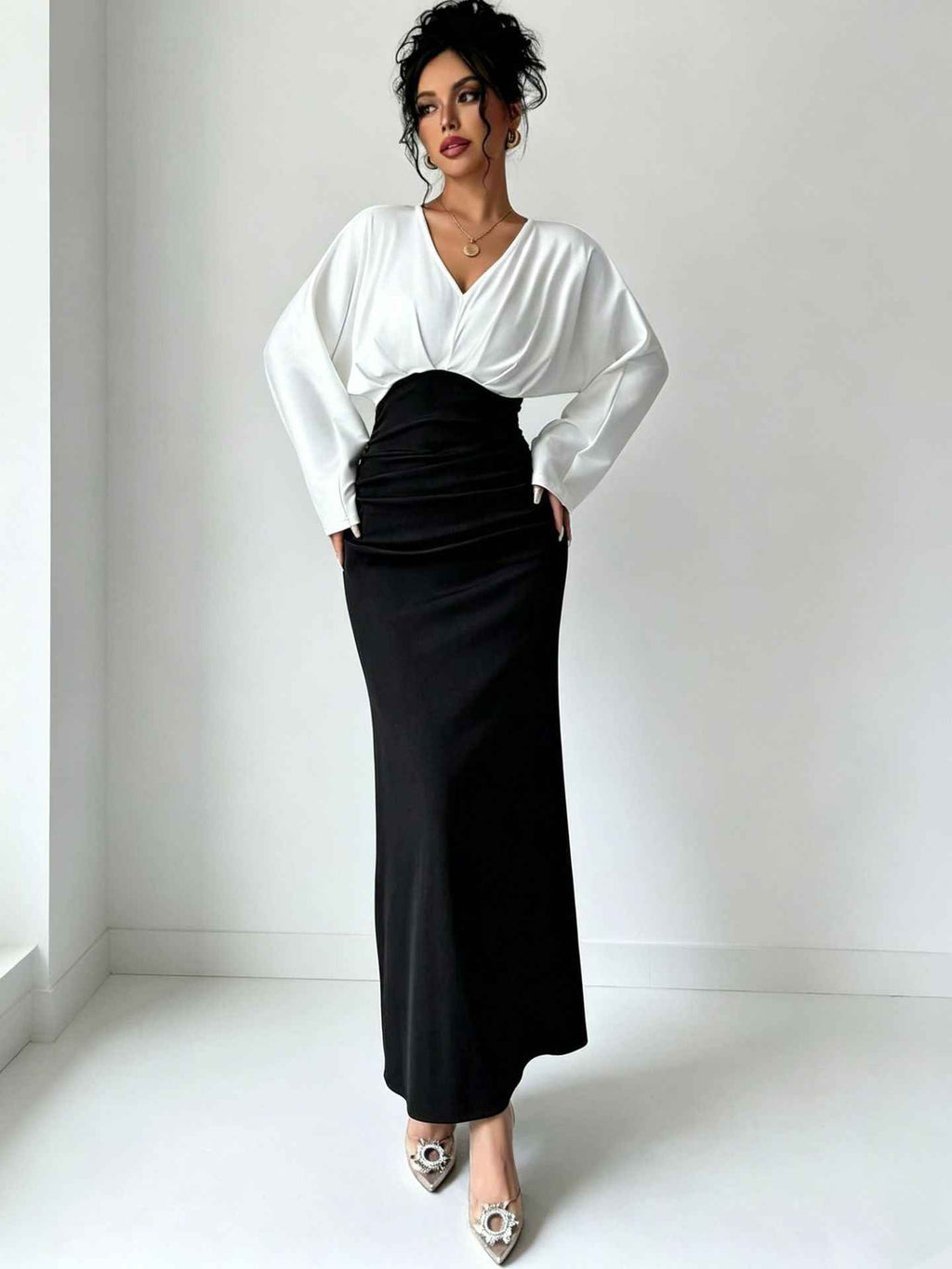 Womens Solid-Color Patchwork Long-Sleeve Slim-Fit Dress