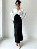 Womens Solid-Color Patchwork Long-Sleeve Slim-Fit Dress