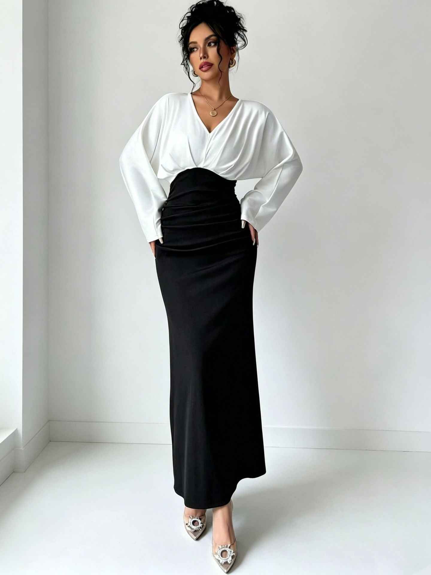 Womens Solid-Color Patchwork Long-Sleeve Slim-Fit Dress