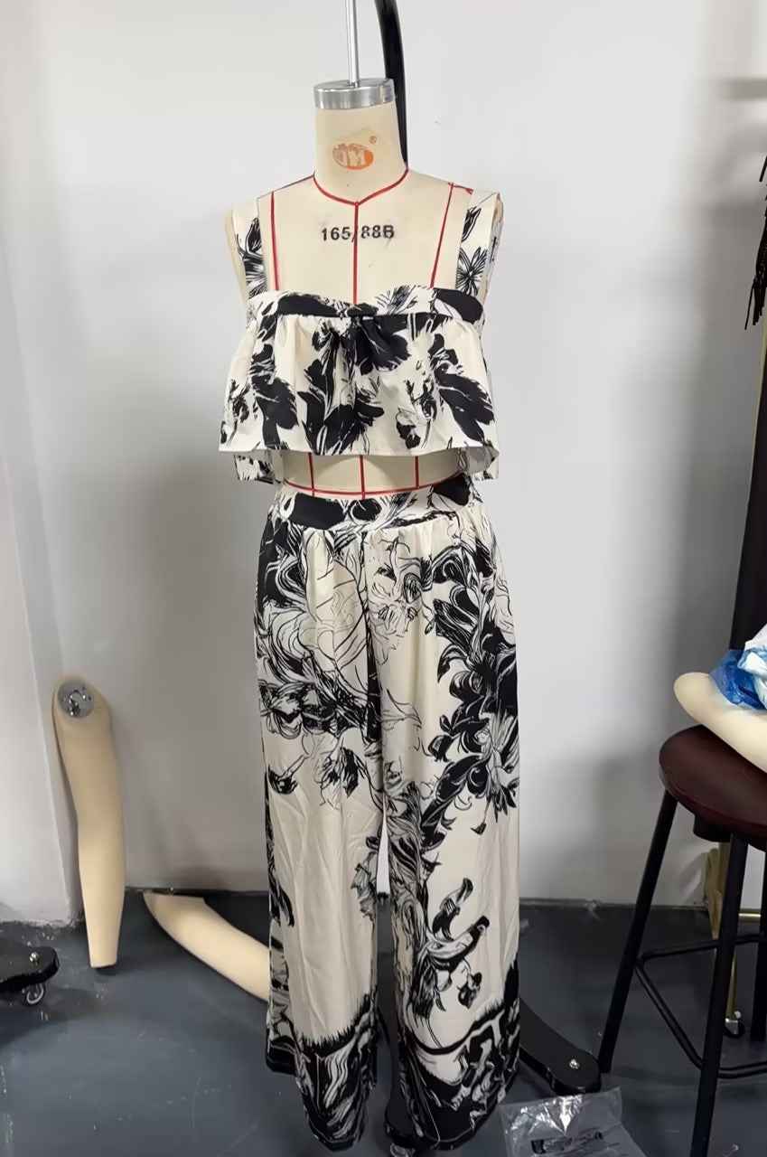 Black & Beige Abstract Floral Print 2-Piece Crop Top & Wide Leg Pants Set