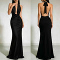 Summer Slip-neck Backless Satin Evening Gown Dress