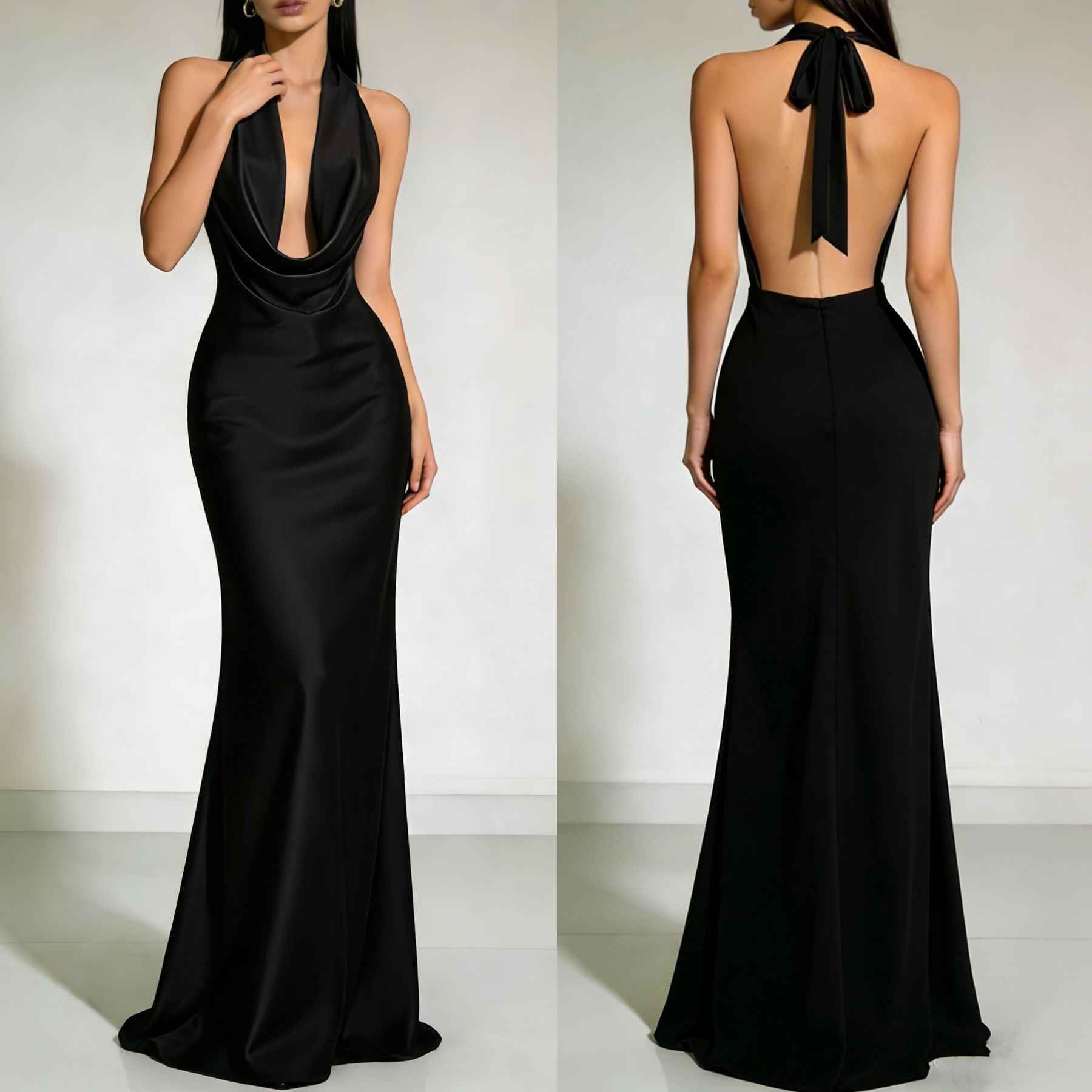 Summer Slip-neck Backless Satin Evening Gown Dress