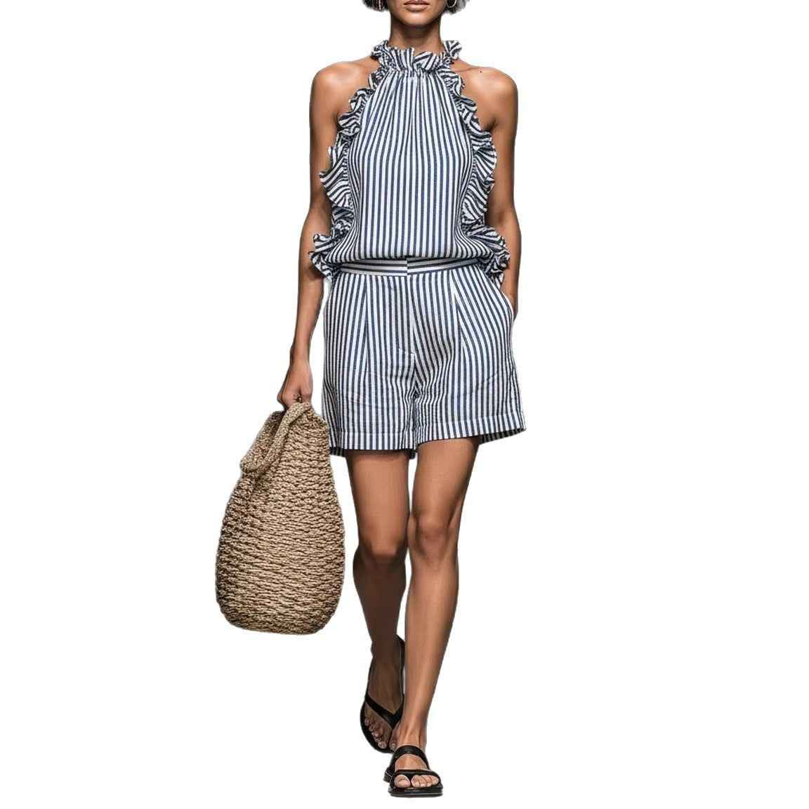 Casual Sleeveless Striped Lace T-shirt Top And Shorts