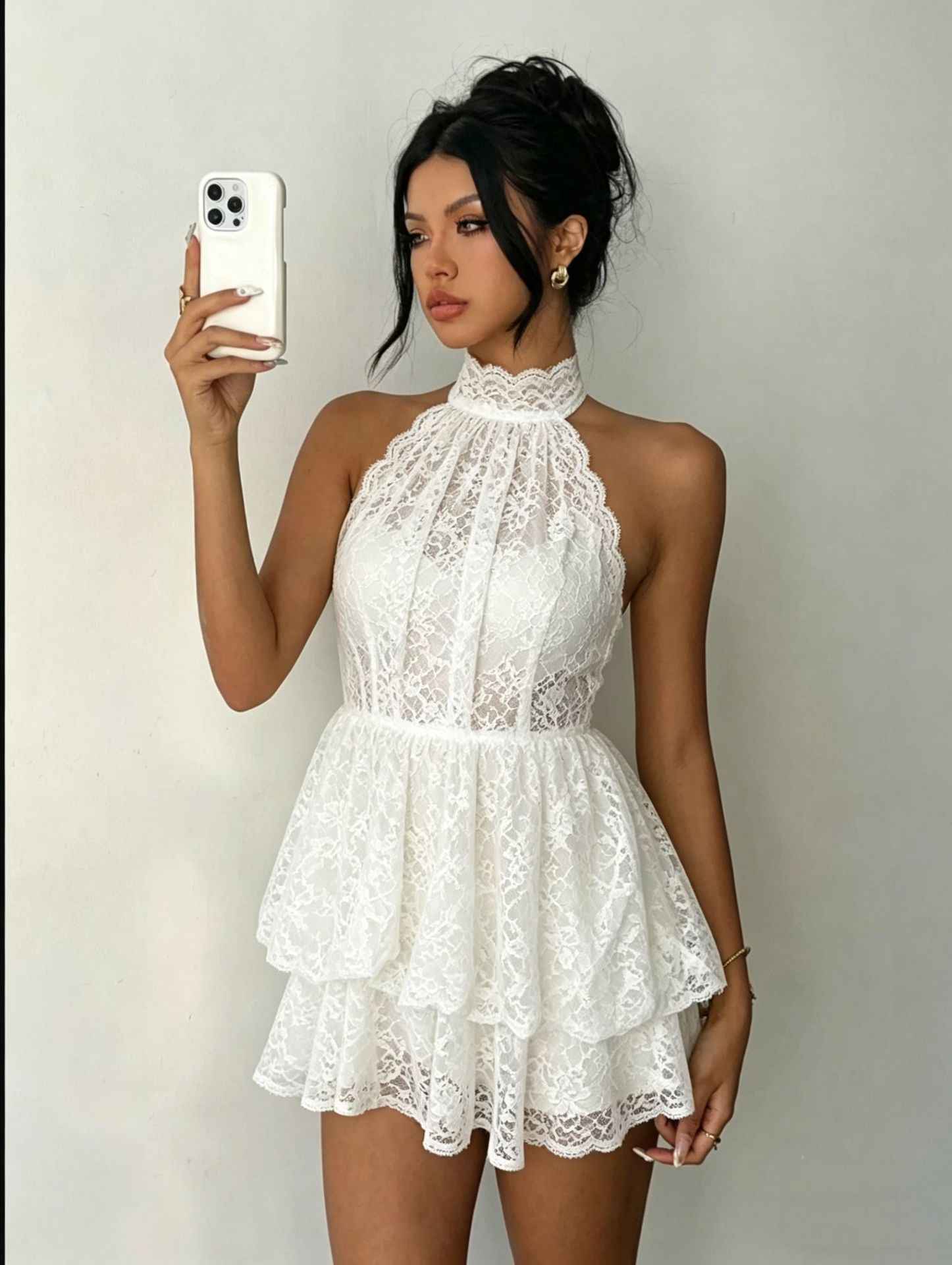 Lace Backless Halter Mini Dress — Black & White