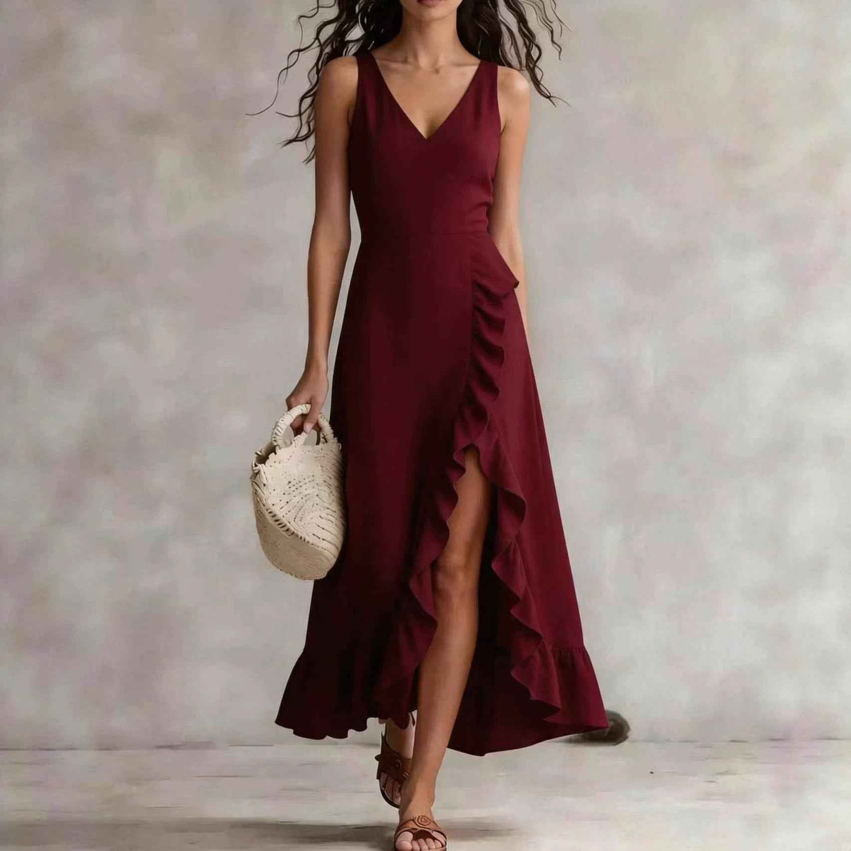 Women's V-Neck Sleeveless Flounced Hem Maxi Dress with Split — 4 Colours, S–2XL