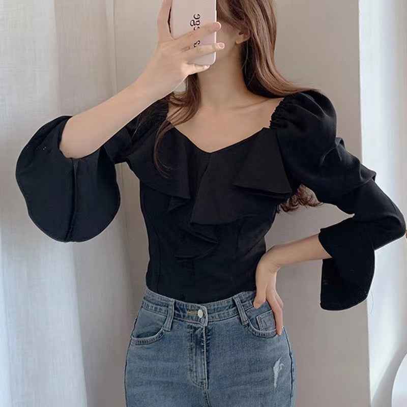 Ruffle-Sleeve Slim-Fit Chiffon Shirt