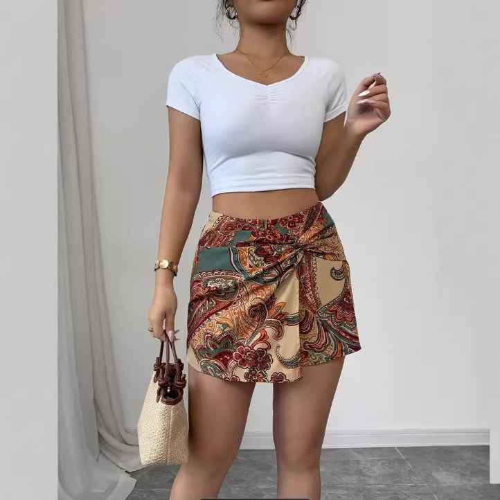 Womens Fashionable Paisley-Print Knotted Wrap Casual Resort Short Skirt