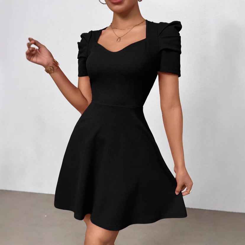 Boat-Neck High-Waist Zipper Mini Dress — Black & Red