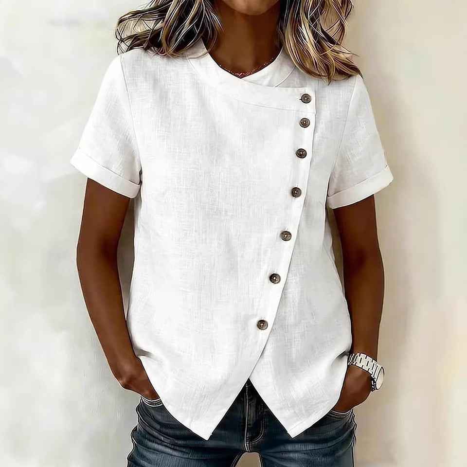 Cross-Neckline Asymmetrical Short-Sleeve Top – Loose Casual Fit