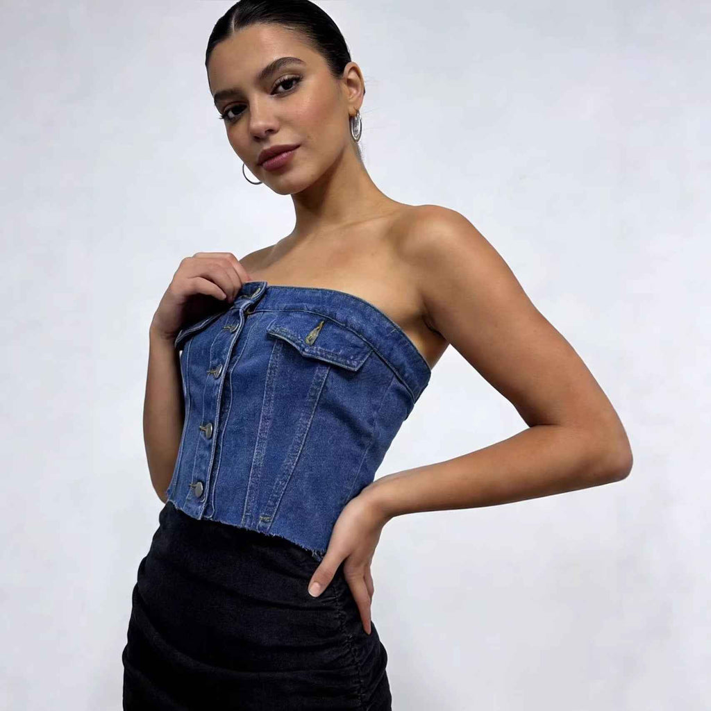 Womens Short Blue Slim-fit Denim Tube Top