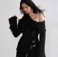 Slanted Front Jacket – Metal Button Detail, Long Sleeve, Black