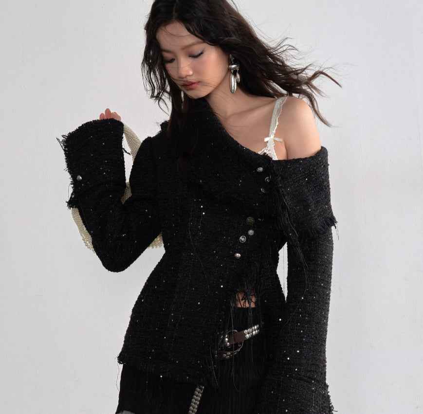 Slanted Front Jacket – Metal Button Detail, Long Sleeve, Black