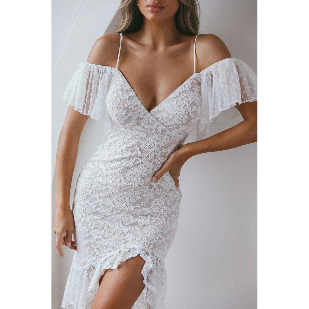Strapless Lace Bodycon Fishtail Midi Dress — Asymmetric Tie-Belt