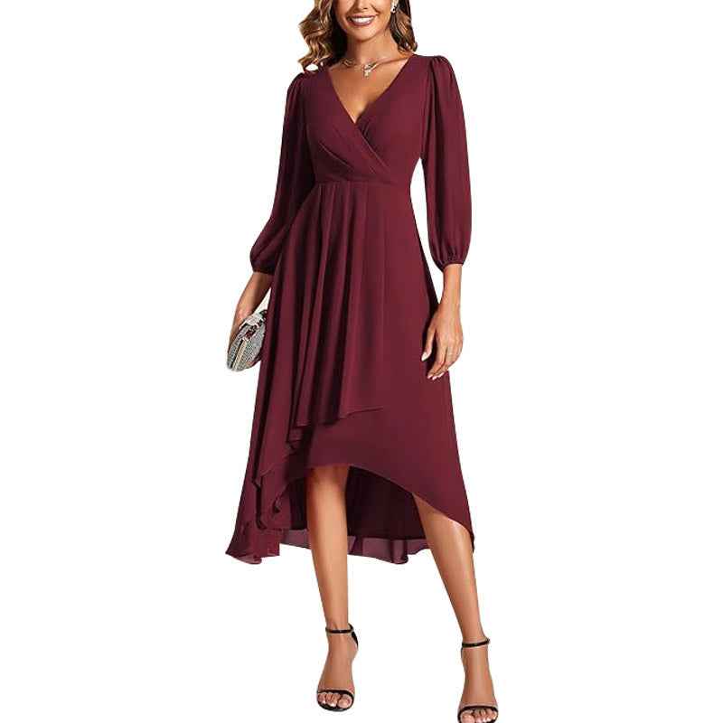 Lace-Splice A-Line Dress – V-Neck, Three-Quarter Sleeve, High Waist