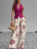 Women's Printed Buttoned Vest & Wide-Leg Pants Set — XS–2XL