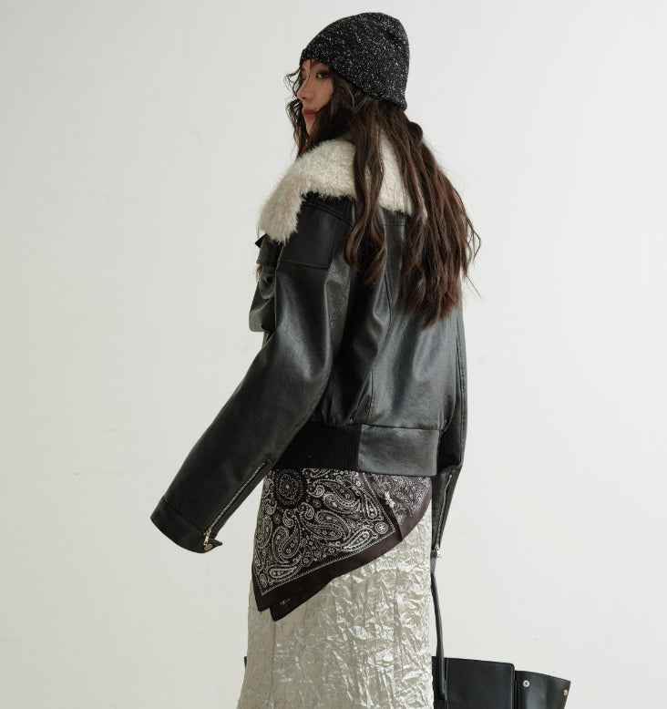 Color-Block PU Leather Jacket – Fur Collar, Turtleneck, Loose Fit