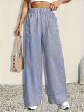Striped Wide-Leg Pants with Elastic Waist & Pockets