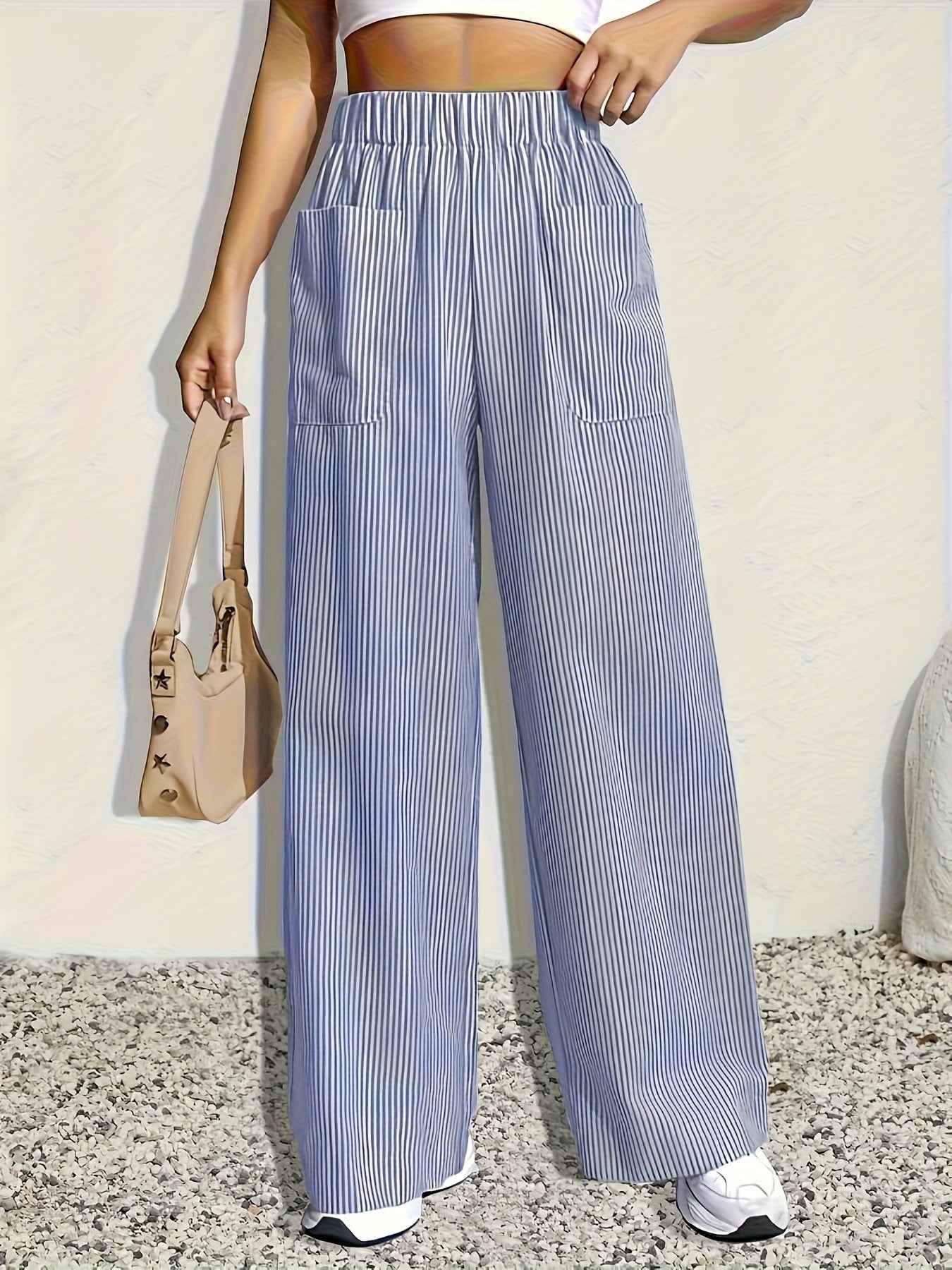 Striped Wide-Leg Pants with Elastic Waist & Pockets