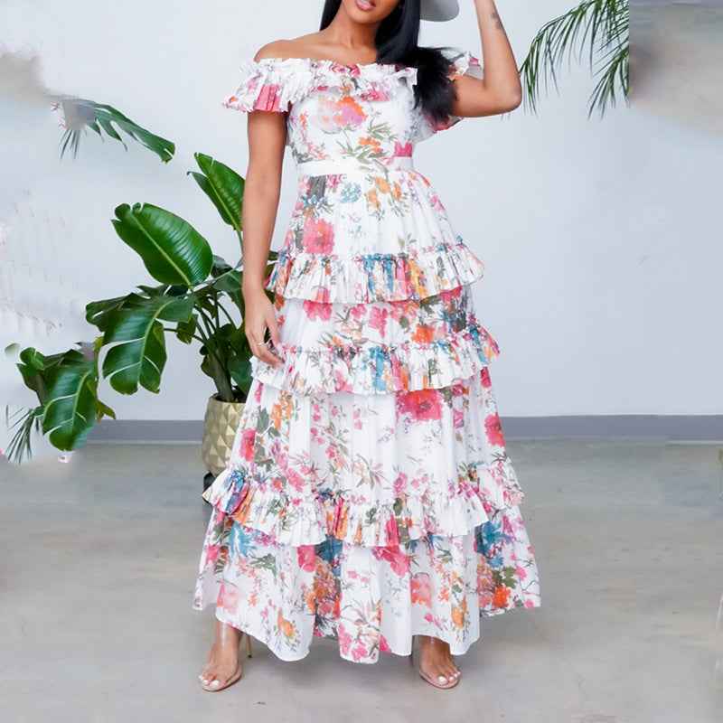British-Style Printed Tiered Ruffle Hem Midi Dress
