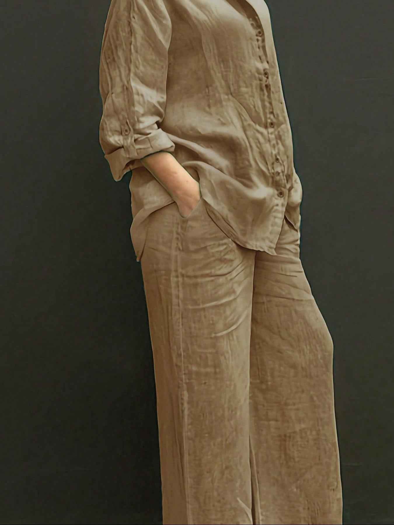 Reversible Long-sleeve Shirt Elastic-waist Trousers Solid-color Set