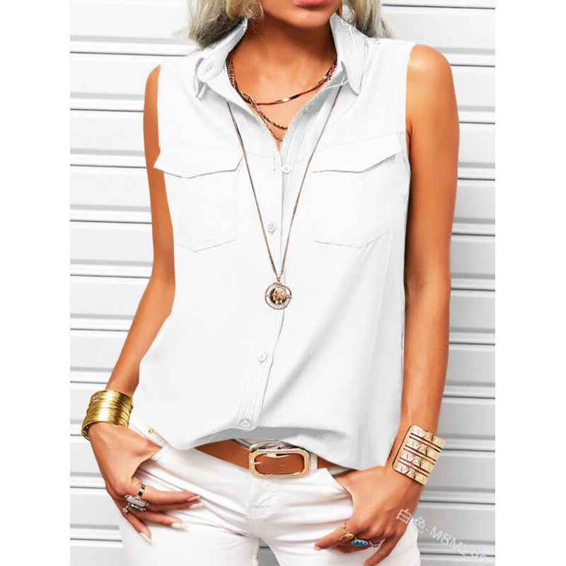 Sleeveless Lapel Blouse with Pockets – Loose Fit