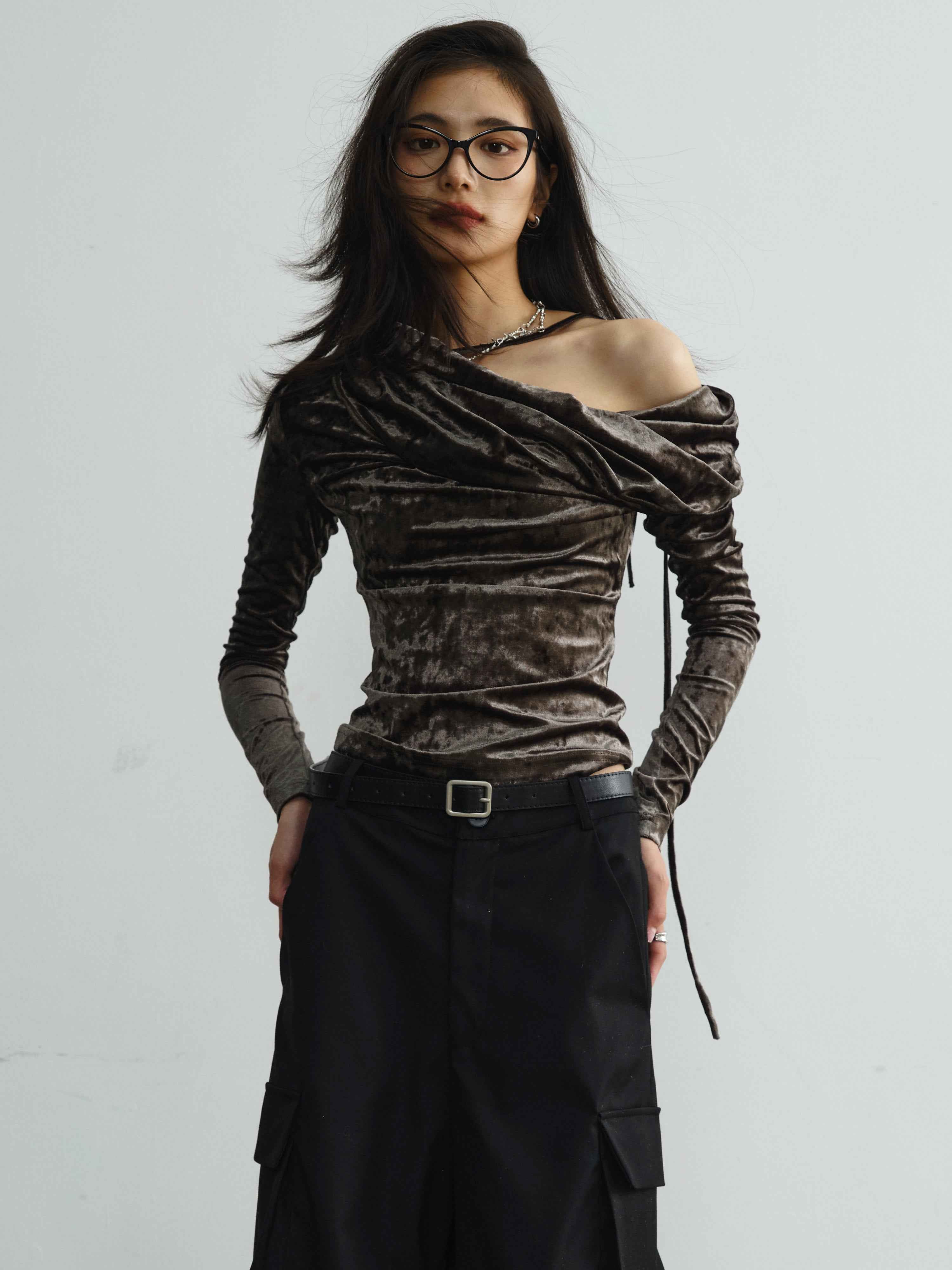 Women's Off-Shoulder Pleated Velvet Sheen Top — Dark Green, S–L