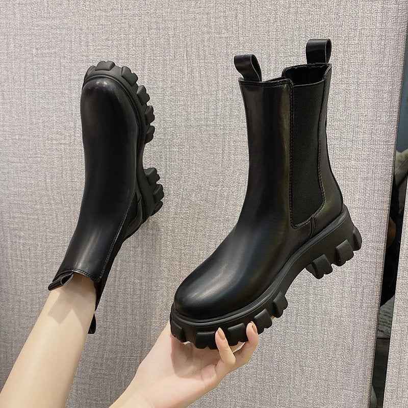 Chunky Heel Mid-Calf Boots – British Style Slip-On