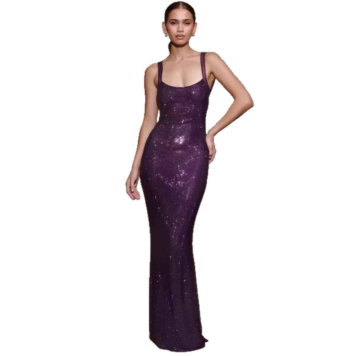 Rhinestone Embellished A-Line Maxi Dress – Tie-Back Luxury