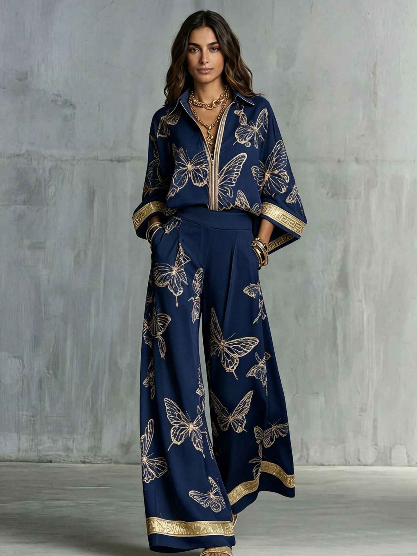 Womens Printed Loose-Fit Zip-Up Top And Wide-Leg Pants Two-Piece Set