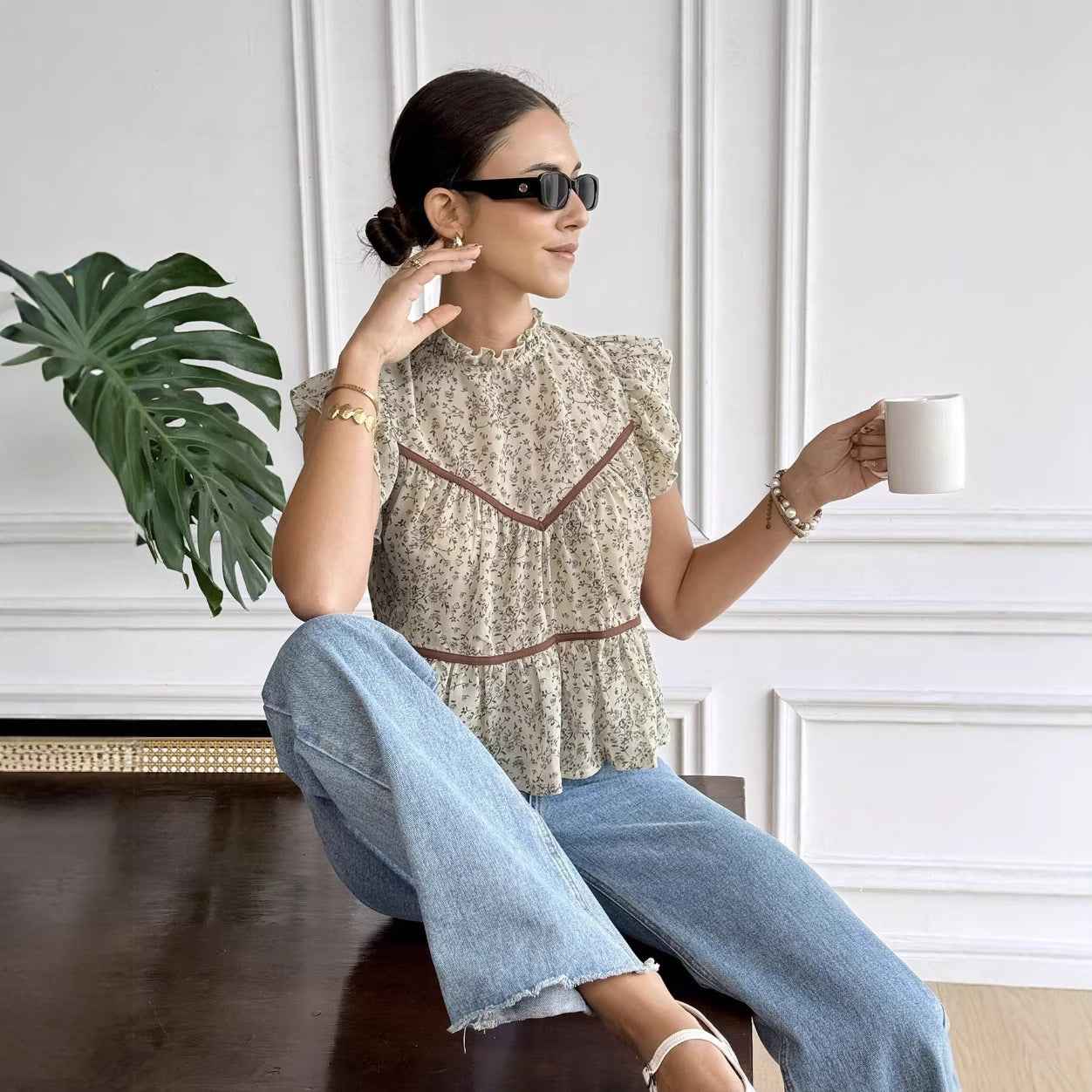 Floral Print V-Neck Ruffle Sleeve Chiffon Blouse — Apricot