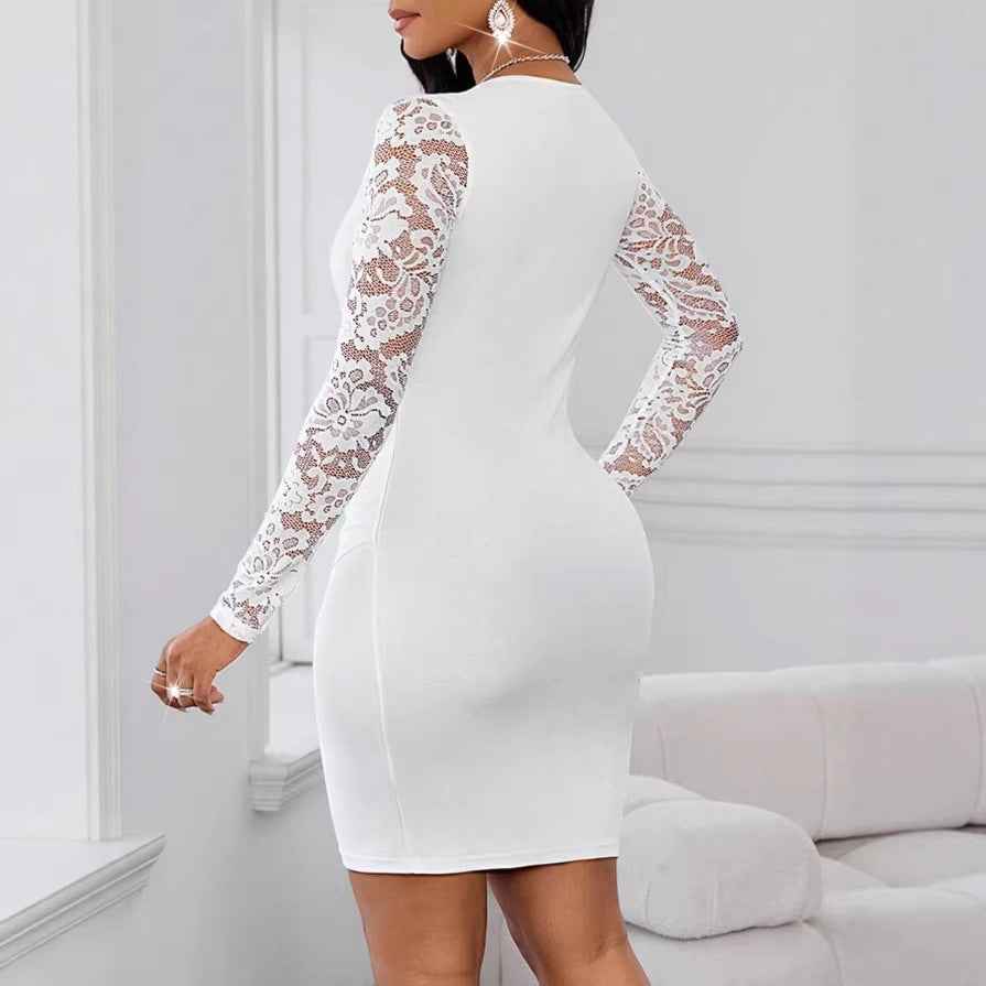 V-Neck Lace Trim Midi Dress — Slim Fit, Long Sleeve, 3 Colours
