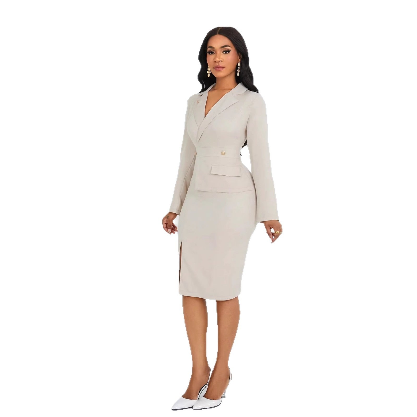 Patchwork Lapel-Neck Long-Sleeve Dress