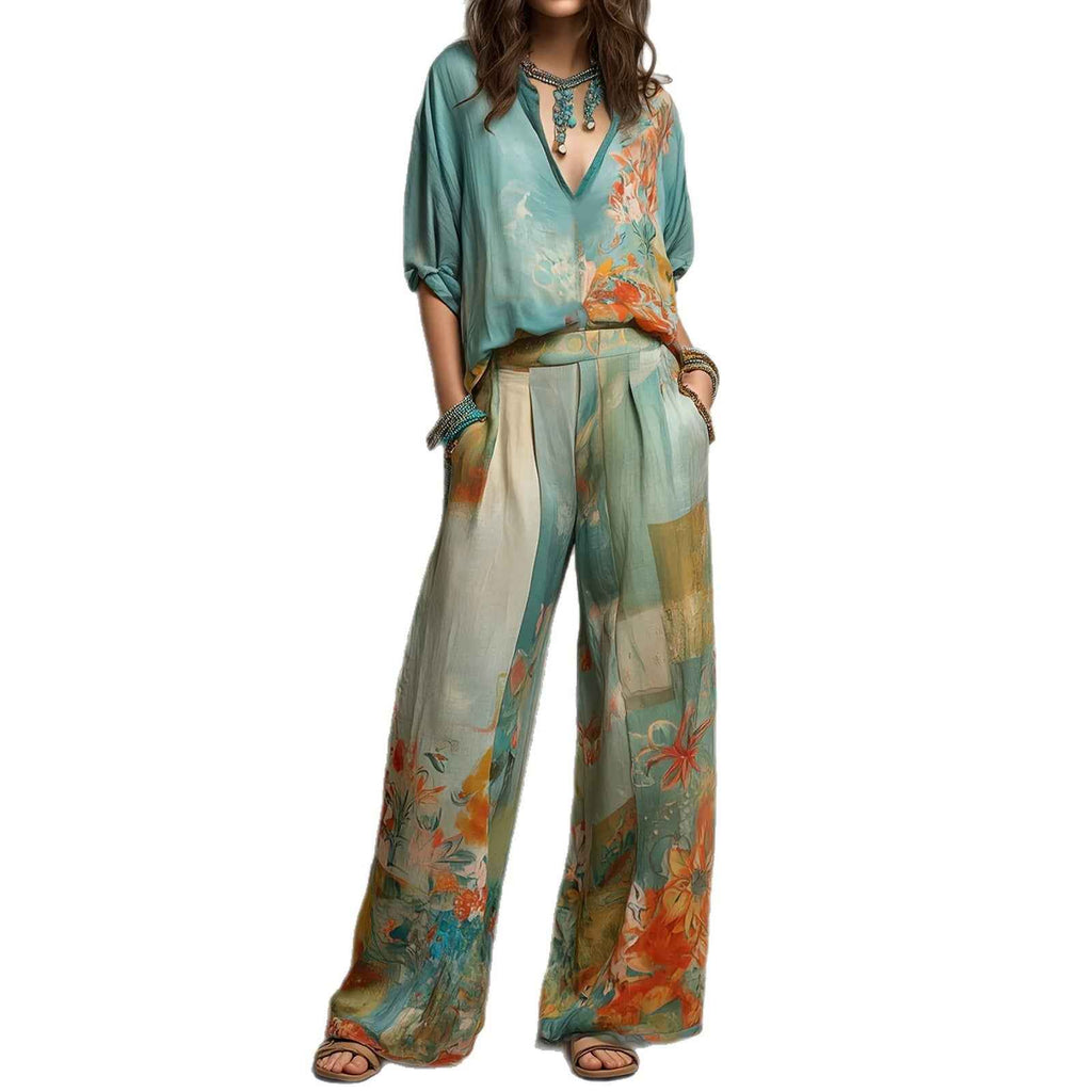 Women's Graffiti Print Drop-Shoulder Top & Wide-Leg Pants Set — Multicolour, S–2XL