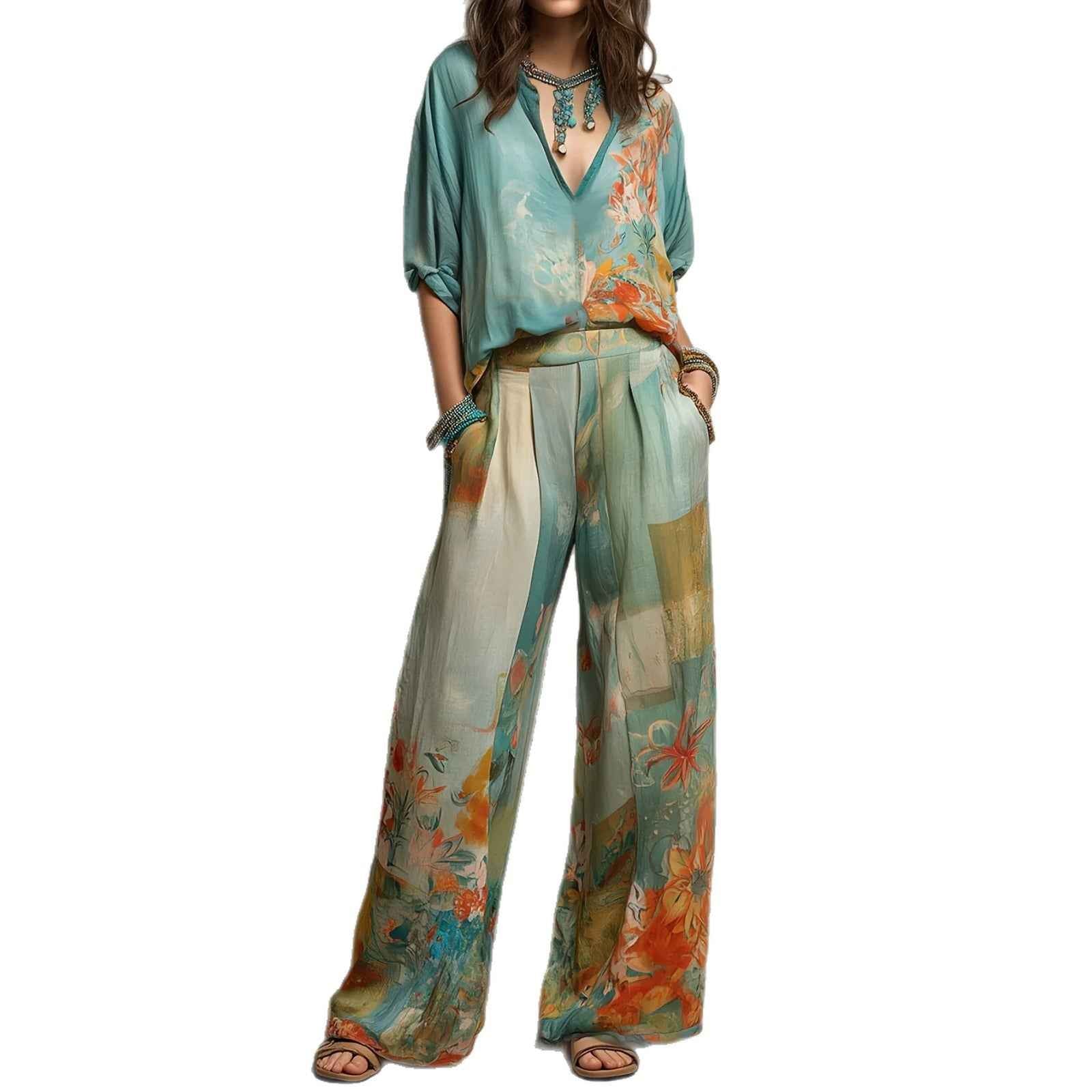 Women's Graffiti Print Drop-Shoulder Top & Wide-Leg Pants Set — Multicolour, S–2XL