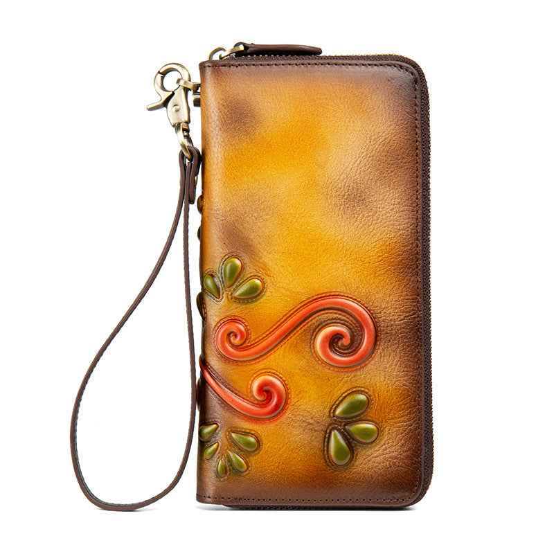 Floral Genuine Leather Zipper Wallet – Retro Style
