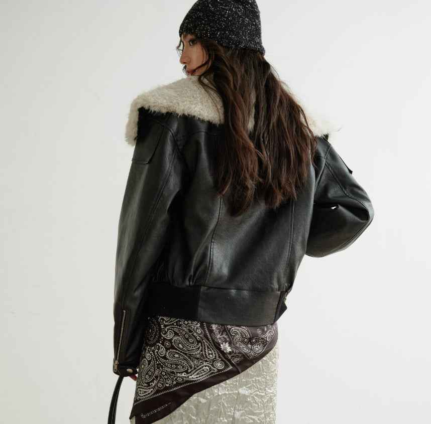 Color-Block PU Leather Jacket – Fur Collar, Turtleneck, Loose Fit