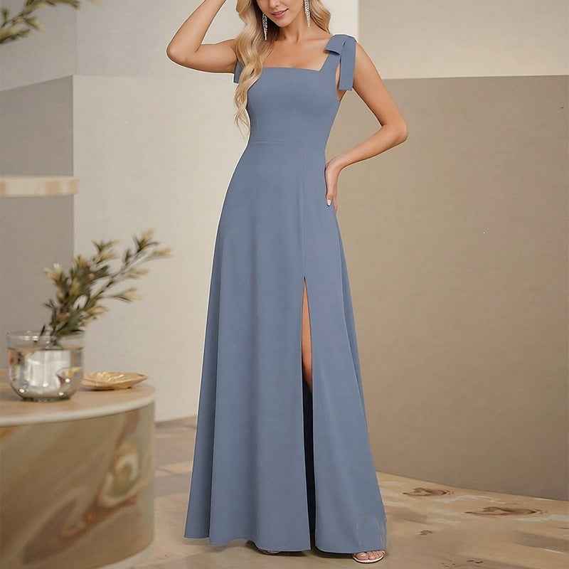Square Neck Bow Shoulder Slit Maxi Evening Gown