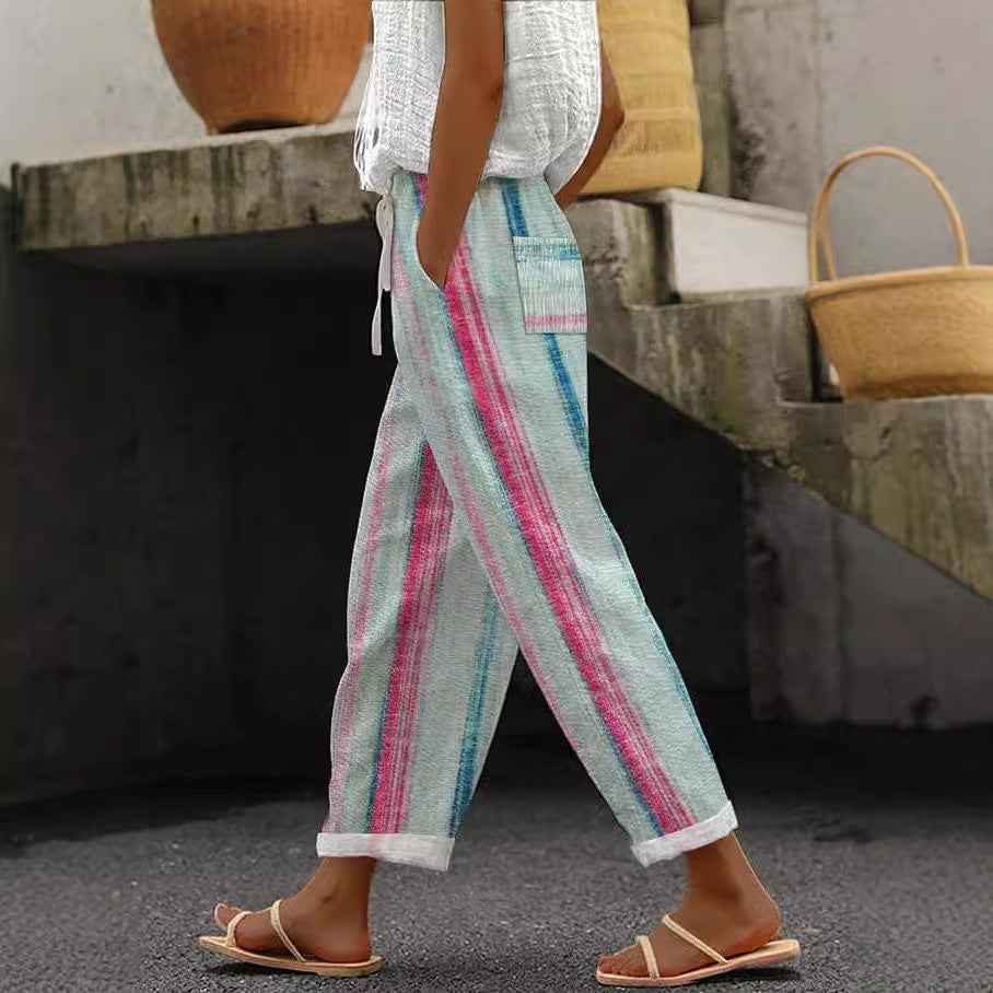 Elastic Waist Drawstring Casual Pants — Striped Print, S–3XL, 16 Colours