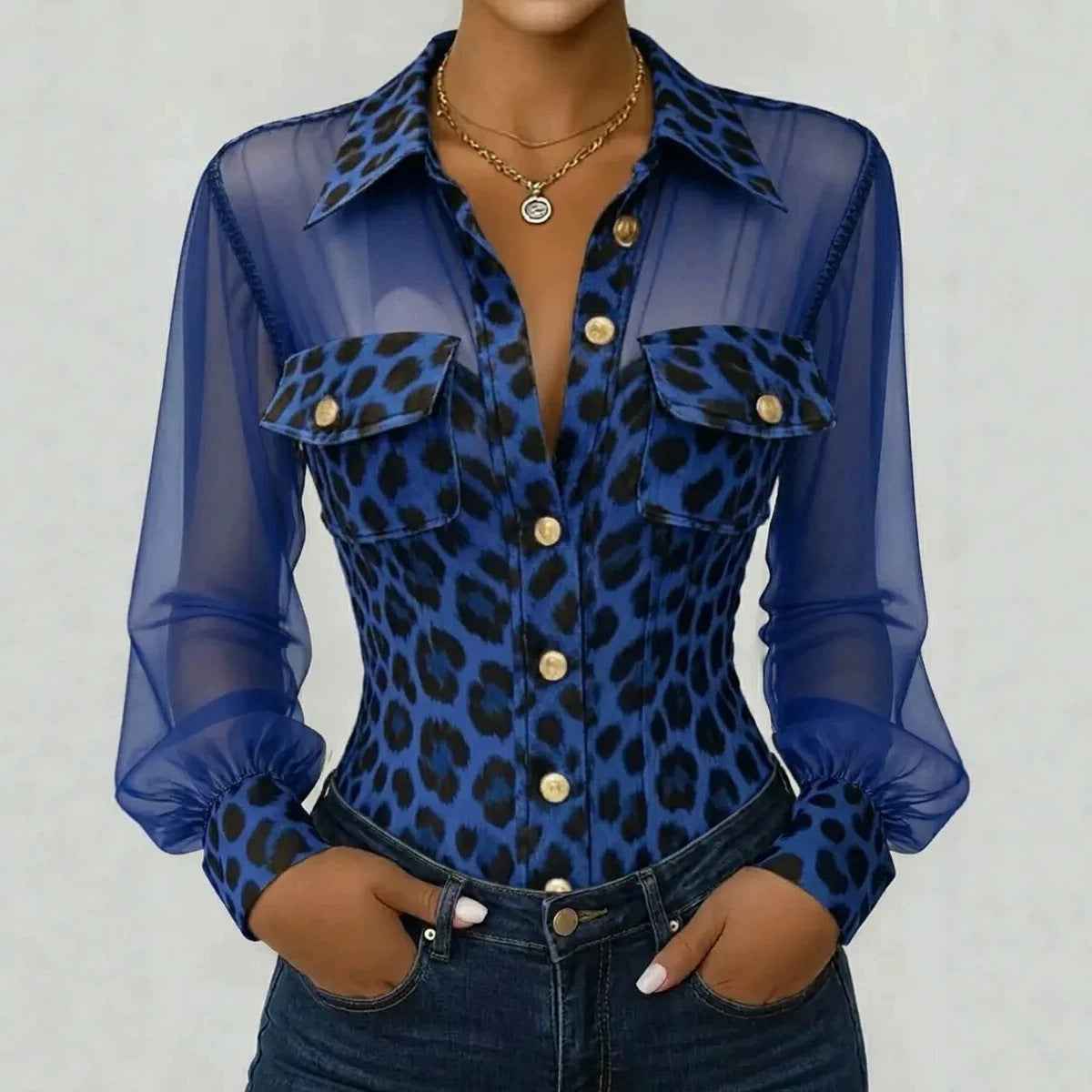 Women's Leopard Print Mesh Patchwork Cardigan with Pockets — 3 Colours