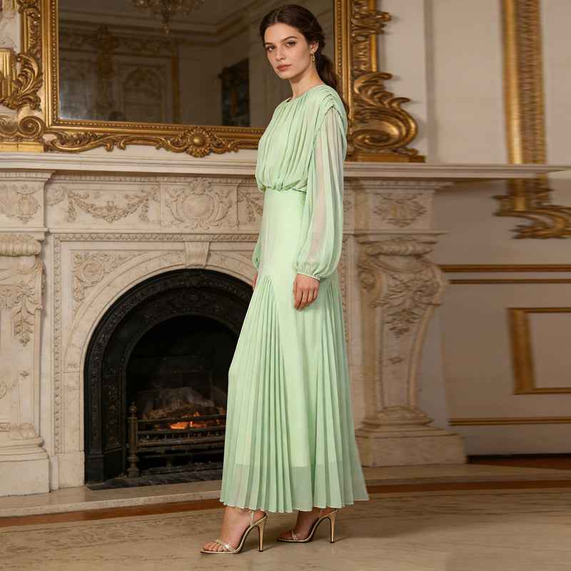High-Waist Long-Sleeve Pleated Loose A-Line Floor-Length Maxi Dress