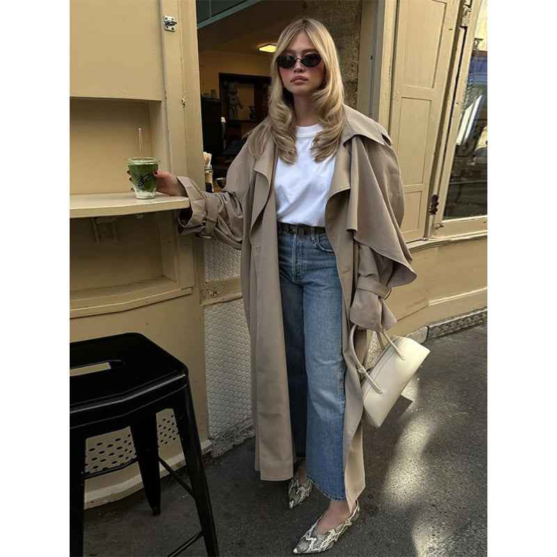 A-Line Lace-Up Shawl Collar Long Trench Coat — Brown