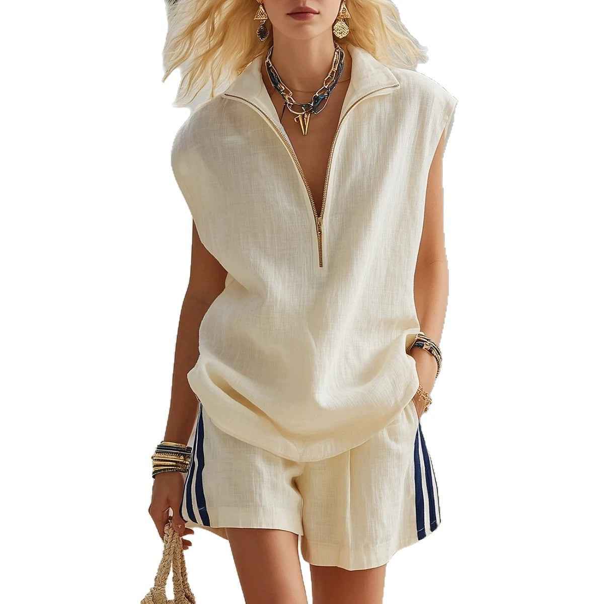 Sleeveless Patchwork Linen Top & Shorts Set – Summer Co-ord