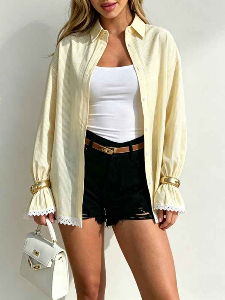 Lace Hollowed-Out Trim Flared-Sleeve Fashionable Long-Sleeve Shirt For Women